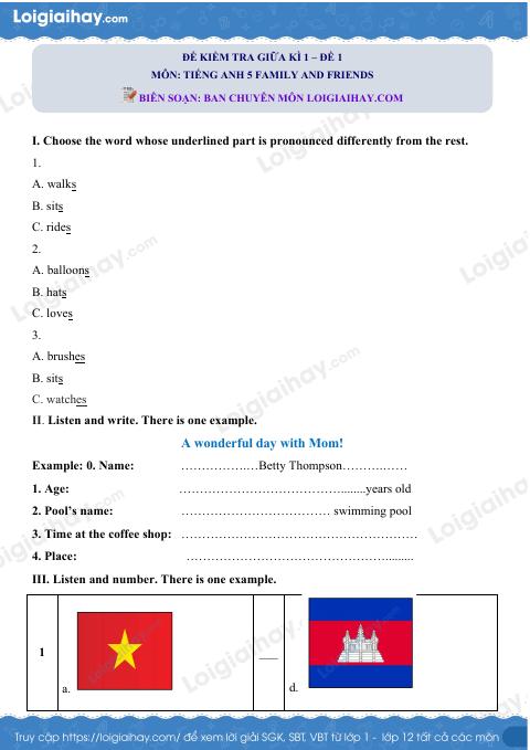 Đề thi giữa kì 1 Tiếng Anh 5 Family and Friends - Đề số 1